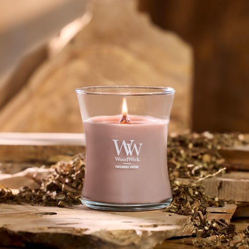 WoodWick Patchouli Crème Gifts for Women and Men, 9.7 oz Medium Hourglass Candle with Crackling Wick
