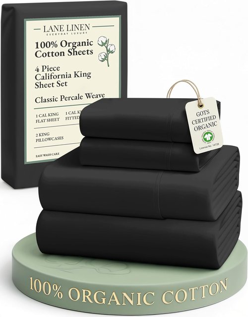 Lane Linen 100% Organic Cotton California King Sheets Set - Ultra Soft, Breathable 4-Piece Bedding in Black