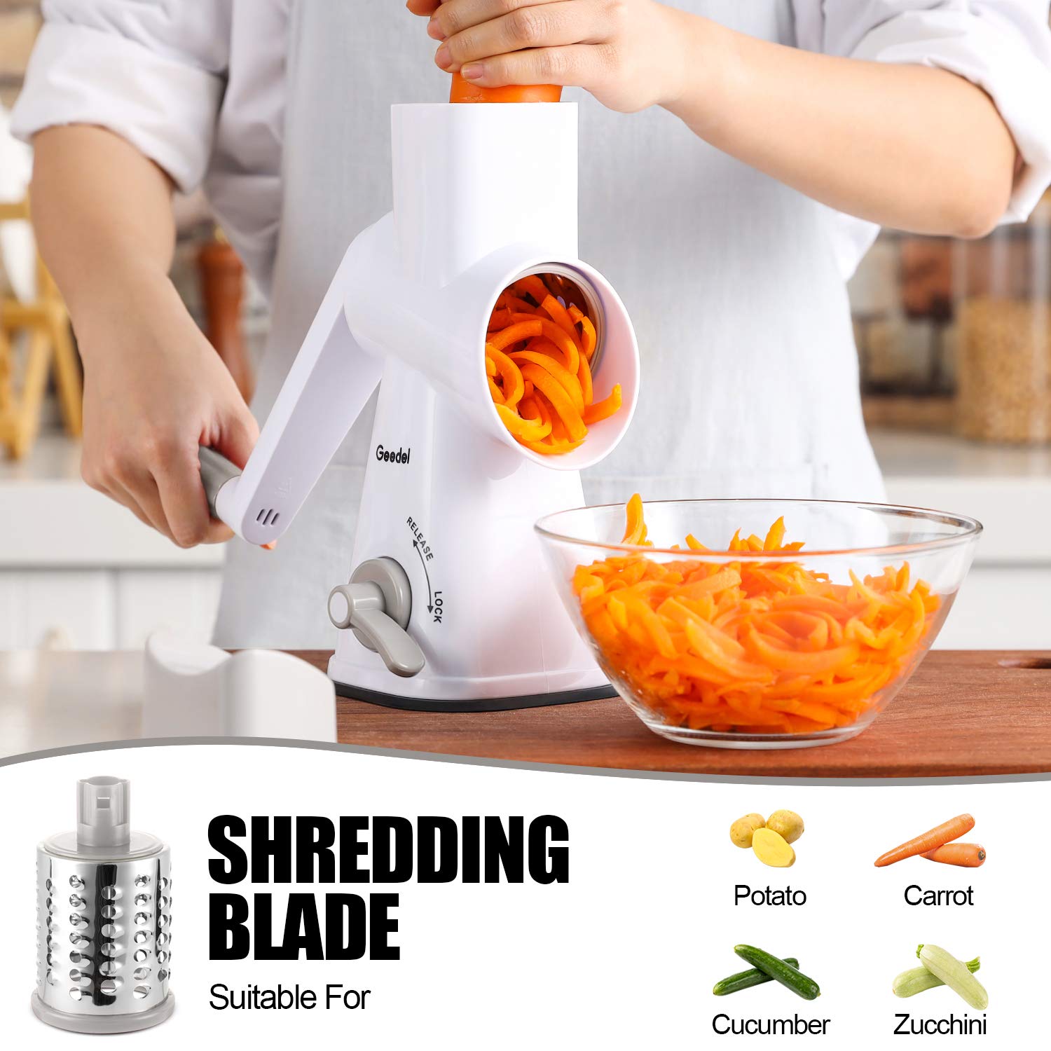 Geedel Rotary Cheese Grater Hand Crank, Cheese Shredder Nuts Grinder With 3 Interchangeable Blades, Kitchen Rotary Grater For Cheese, Vegetables, Nuts, etc