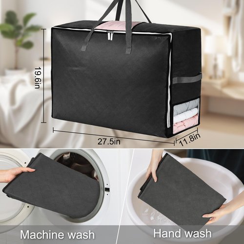 6Pack 105L Extra Large Blanket Comforter Storage Bags, Foldable Storage Bags for King Comforter Bedding Pillow Sheet Clothes with Handles Zippers Clear Window Closet Organizers and Storages, Black