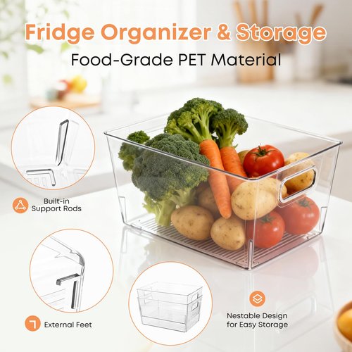 MOONEDGE Large Clear Plastic Storage Bins 6 Pack, 12" x 8" x 6" Durable Organizers for Kitchen, Pantry, Freezer, Closet & Bathroom – Food Safe, Easy to Clean, Perfect for Expanding Household Storage