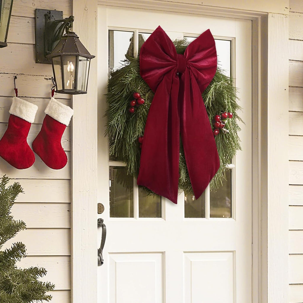 Skiennix Christmas Bows - Large 36x18 Inches Red Velvet Tree Topper - Burgundy Ribbon Decor for Indoor/Outdoor Use