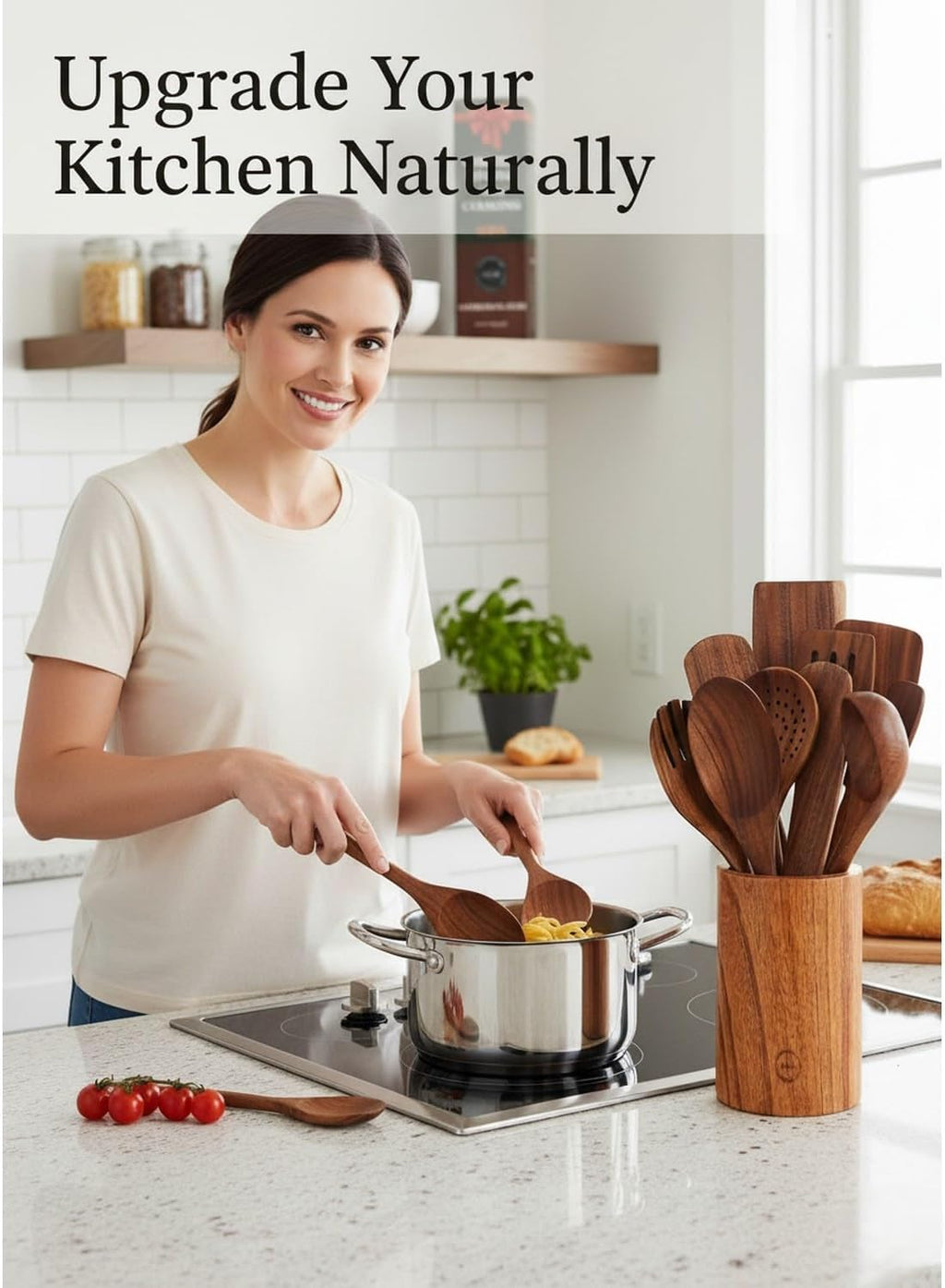 Skiennix 12-Piece Natural Teak Wood Utensil Set - Nonstick Cooking Tools with Holder & Rest