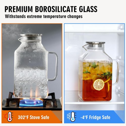 1 Gallon Square Glass Pitcher with Lid and Spout, Borosilicate Glass Carafe for Hot/Cold Drink, Water Pitchers with Handle for Fridge, Extra Large Jug for Iced Tea, Coffee, Juice, Beverage
