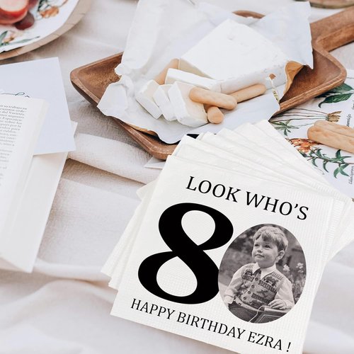 Custom Photo Napkins | Personalized 80th Birthday Napkins - Look Who's 80 Design for Party Decor