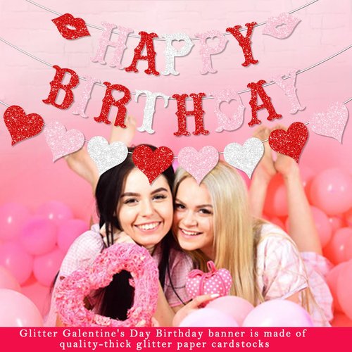 FHGG Glitter Valentines Birthday Decorations Banner Pre-Strung Red Glitter Heart Garland Happy for Galentine's Valentine' Birthday Party Decor NO DIY