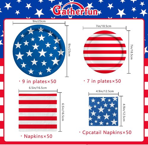 American Flag Party Supplies - Disposable Dinner & Dessert Paper Plates | Napkins for 50 Guests