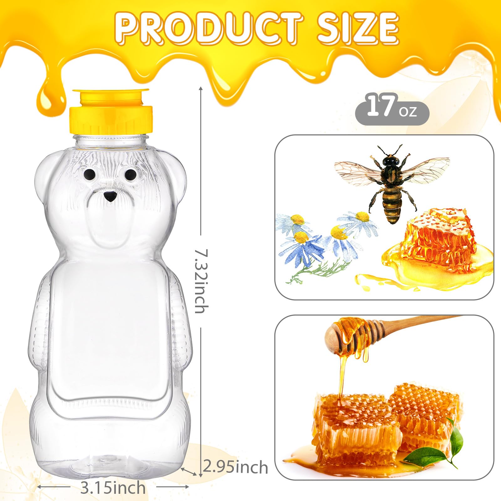 Thenshop 36 Pcs Honey Bear Bottle,Plastic Honey Squeeze Bottle,Honeybear Squeeze Jars,Cute Empty Container with Yellow Flip Lid for Syrup Sauce,Juice Storing and Dispensing, Transparent(500 Ml/ 17 oz)