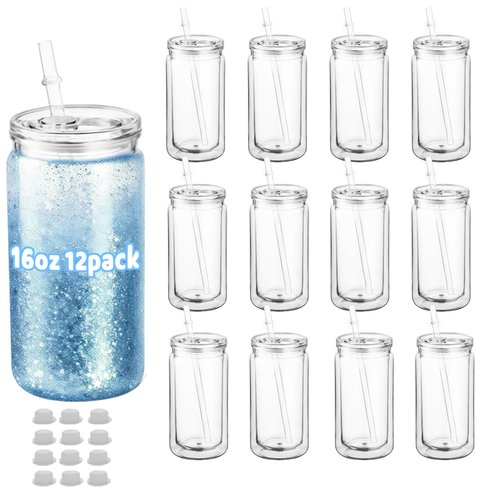 ZONEGRACE 12 Pack 16 oz Acrylic Snow Globe Tumbler Cups, Double Wall Plastic, Pre-Drilled Hole with Plug, DIY Snowglobe Tumbler Supplies Bulk, Clear Mason Jar Style with Lids & Straws