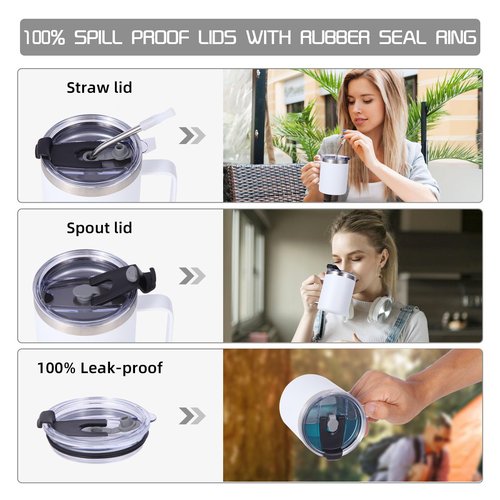 Volhoply 12oz Insulated Leakproof Coffee Mug with Flip & Straw Lid Bulk 8 Pack,Not Suitable for Sublimation,Double Wall Vacuum Stainless Steel Travel Tumbler Cup with Handle(White,8 Set)
