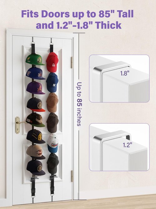 KINEMORA Over-The-Door Cap Organizer, Two-Way Hanging Display Hooks for Baseball Caps, Adjustable No-Glue, No-Drill Space-Saving Hat Rack, Fits Bedroom, Closet, and Entryway Doors, 1 Pack - 10 Hooks