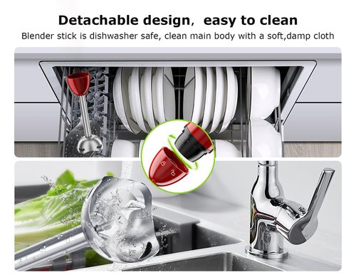 Bonsenkitchen Hand Blender, Immersion Blender with 2 Mixing Speed, Portable Electric Handheld Stick Mixer with Stainless Steel Blades for Soup, Smoothie, Puree, Baby Food, Red
