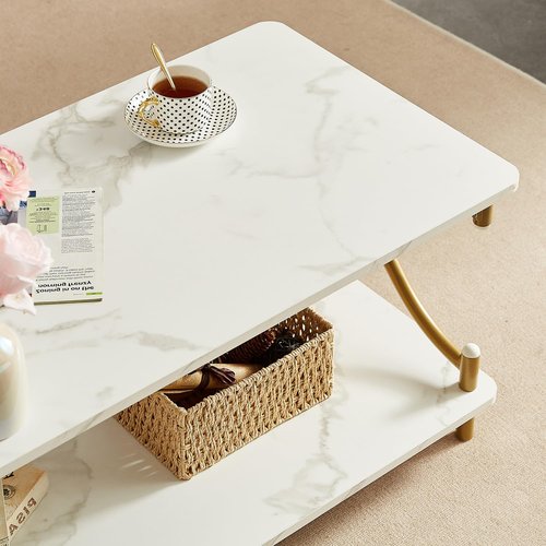 VECELO Coffee Table for Living Room with Round Corners Modern Farmhouse Center Table with Storage Shelf for Home Office 39 Inch, Easy Assembly, Light Gold