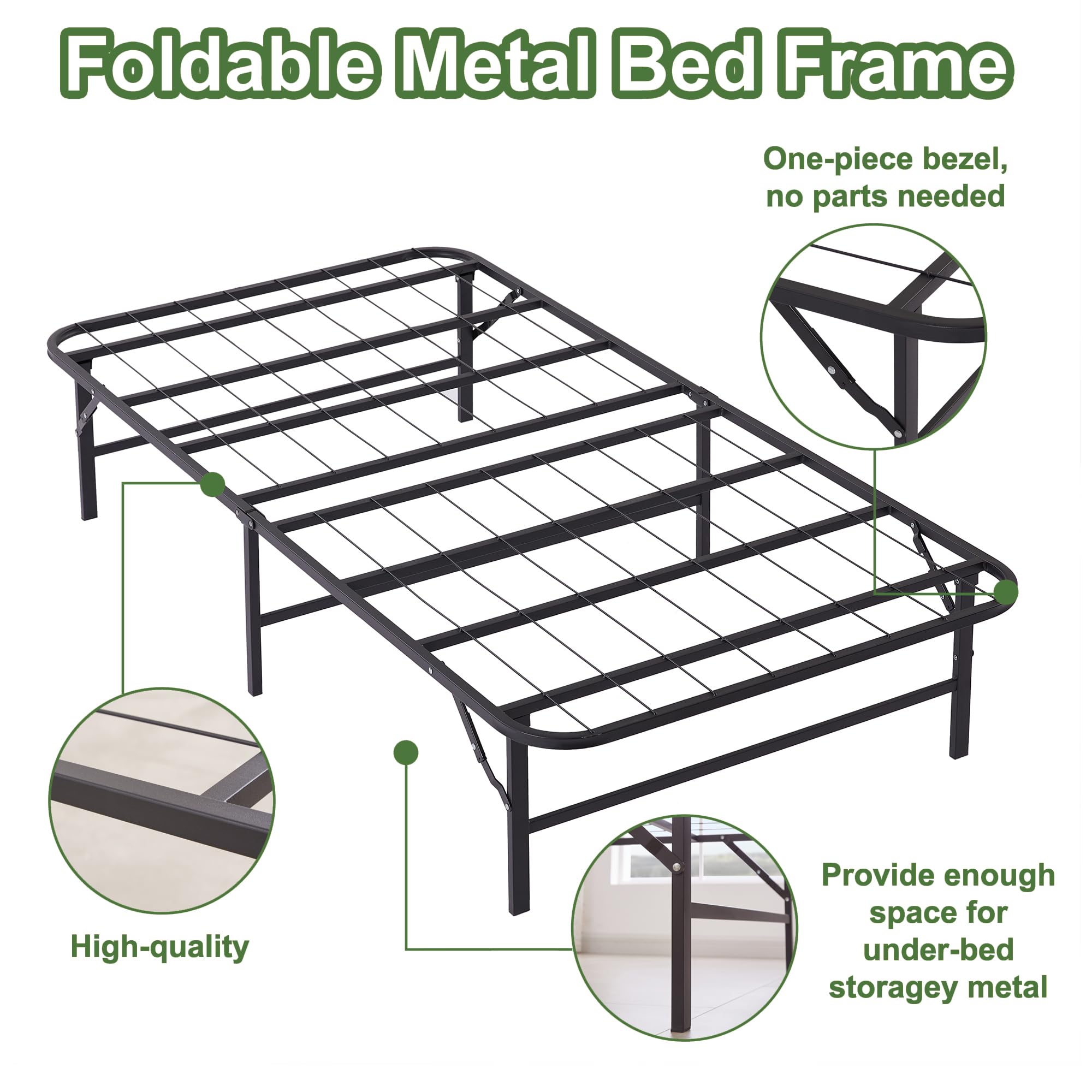 VECELO No Tools Required Metal Folding Bed Frame - 14 Inch Heavy Duty Platform Base, 660lbs Max Support, Twin Size Jet Black, Ideal for Small Apartments & Guest Rooms