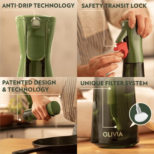 FLAIROSOL OLIVIA Oil Sprayer for Cooking, 2 Pack Green Glass Olive Oil Sprayer, 200ML Oil Dispenser for Kitchen, Continuous Oil Spray Bottle with Portion Control for Air Fryer, Salad, BBQ