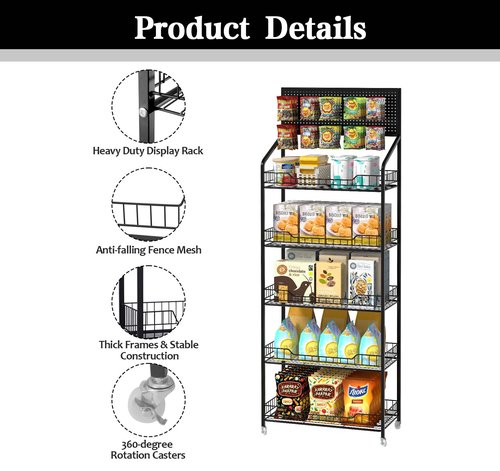 lesolar Retail Snack Display Stand, 5 Tier Snack Candy Potato Chip Display Rack Stand with Wheels & Hooks, Metal Wire Storage Shelves Heavy Duty, Snack Organizer Concession Stand Display Supplies