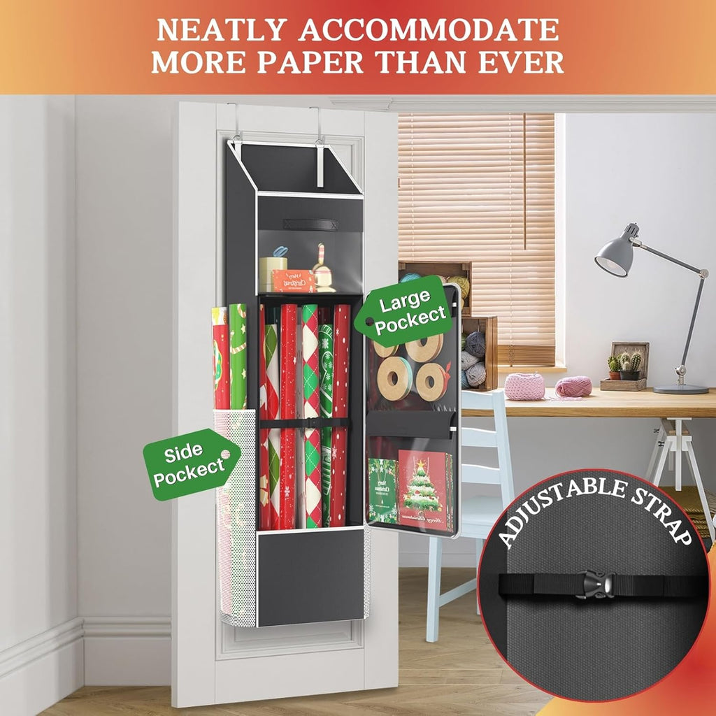 Ofiray Home 2-in-1 Wrapping Paper Organizer - Over Door or Under Bed Storage with Removable Drawer & 4 Clear Pockets
