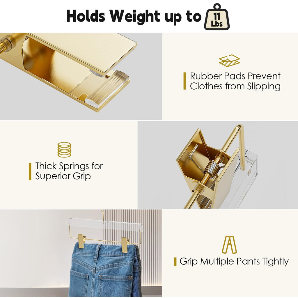 Acrylic Gold Pants Hangers with Adjustable Clips 10 Pack, Non-Slip Skirt Hanger for Women, Heavy Duty Space-Saving Clothes Organizer for Trousers, Coats, Jeans, Adults & Kids