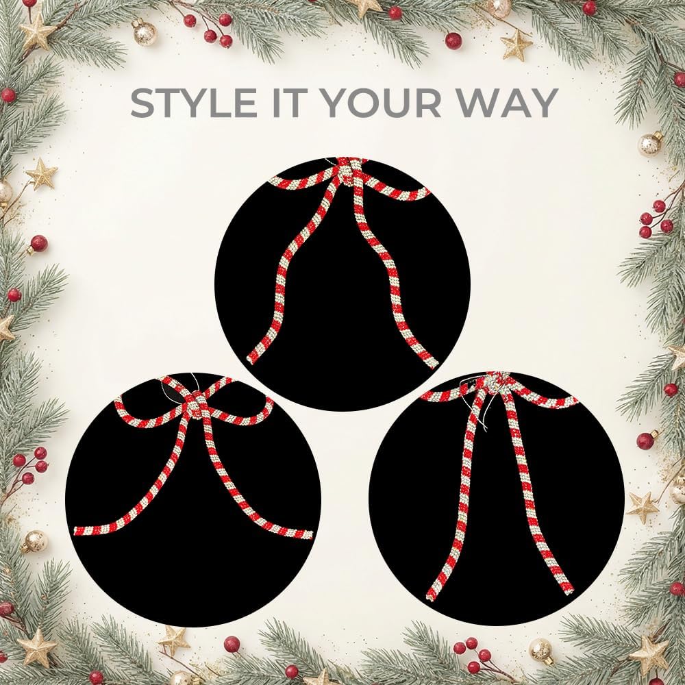 Regine Switzerland 3 Pcs Handmade Rhinestone Christmas Bow Ornaments - Glitter Candy Cane Design | Red & Silver, Small