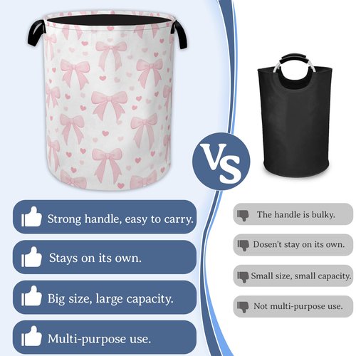 Cute Pink Bow Laundry Basket,Foldable Oxford Cloth Heart Laundry Hamper with Handles, 20.8"x16" Tote Bag Clothes Storage Bucket for Laundry Room/Bathroom/Bedroom/Dormitories