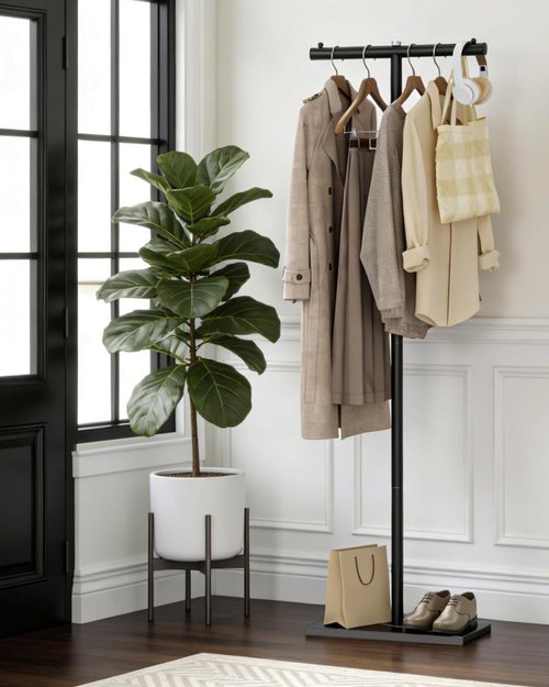 GUOHNHE T-shaped Coat Rack Freestanding, Modern Clothes Rack with Rock Slab Base, Heavy-duty Metal Coat Tree for Boutiques, Hallway, Entryway, 68.9 Inches High, Black, GYJ001B