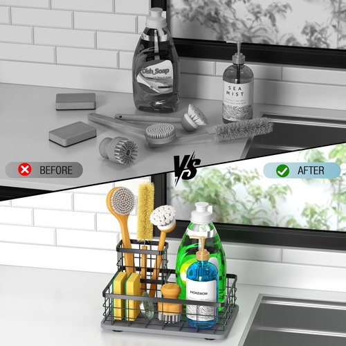 HOKEMOM EXTRA LARGE Kitchen Sink Caddy Organizer, [FLEXIBLE PLACEMENT & FAST-DRYING] Sponge Holder for Kitchen Sink Countertop,Stainless Steel with Rust-Resistant Coating-10.24" L x 6.5" W x 5.83" H