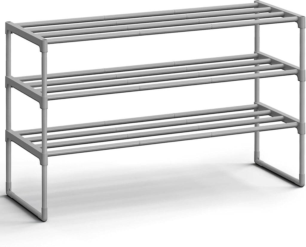SONGMICS 3-Tier Shoe Rack - Stackable Metal Organizer for 16-20 Pairs | Gray, 11.8 x 36.2 x 21.7 Inches