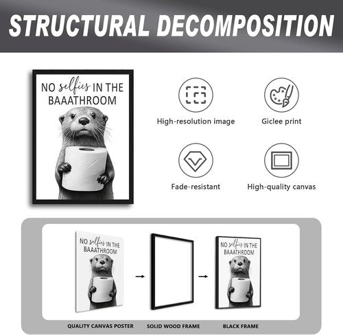 Framed Funny Bathroom Wall Art | Cute Otter Holding Toilet Paper - Black & White Canvas - 8x10in