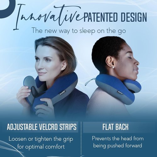 BCOZZY Travel Neck Pillow - Patented Double Support for Head, Neck & Chin | Adjustable Size, Navy