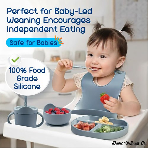 No-Mess Baby Feeding Set — Strong Suction Bowls + Soft Spoons (8-Piece) (Blue)