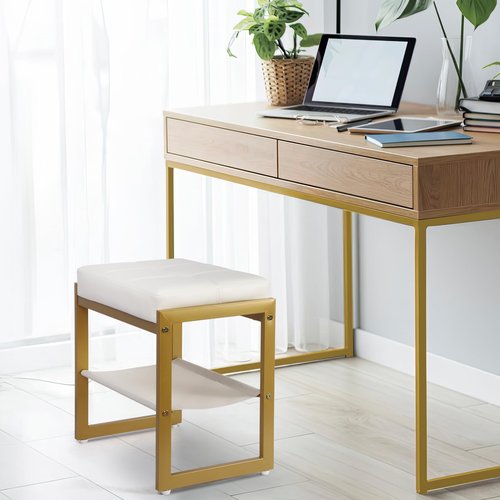 FrexCheng Vanity Stool, Faux Leather Vanity Chair Stool for Dressing Table, Modern Gold Metal Footstool Ottoman for Bedroom & Living Room, White & Gold