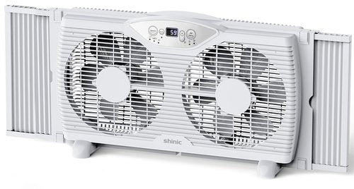 shinic Twin Window Fan, 9-Inch Blades Reversible Airflow, Thermostat Control, 3 Speeds, 3 Functions, 23.8"-37" Expandable Width, Window Exchaust Fans for Home Bedroom, ETL Certified
