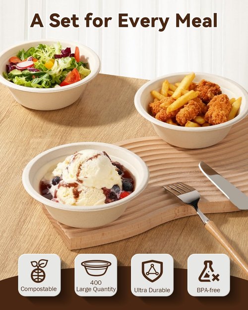 Lzerking 12oz Paper Bowls, 400 Pack - Disposable Compostable Bowls for Parties, Desserts | Microwave & Freezer Safe