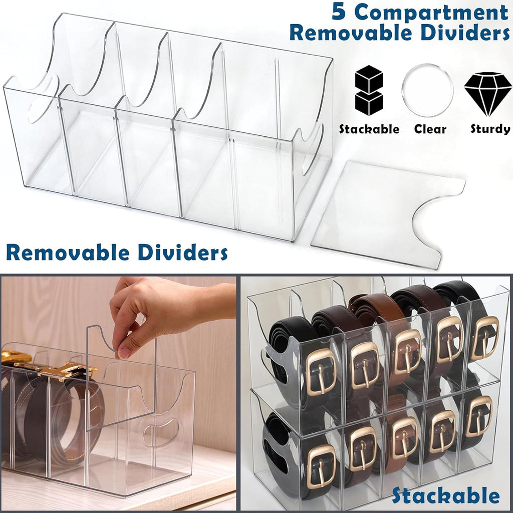 Skiennix Belt Organizer - 2 Pack Clear Stackable Storage Bins | 5 Compartments with Removable Dividers for Closet & Drawer