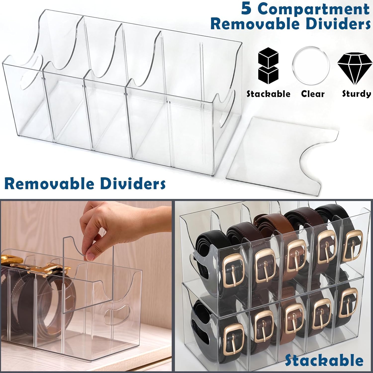 Skiennix Belt Organizer - 2 Pack Clear Stackable Storage Bins | 5 Compartments with Removable Dividers for Closet & Drawer