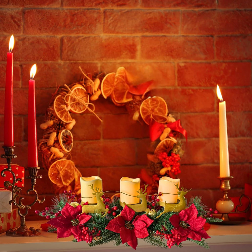 Poinsettia Candle Holder Centerpiece by [Brand Name] - Metal Deer Figurine with Red Berries & Pine Needles for Holiday Decor