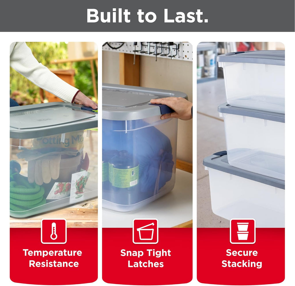 Rubbermaid Roughneck 66 Qt Storage Containers - Pack of 4 with Sturdy Grey Lids | Clear, Stackable Design