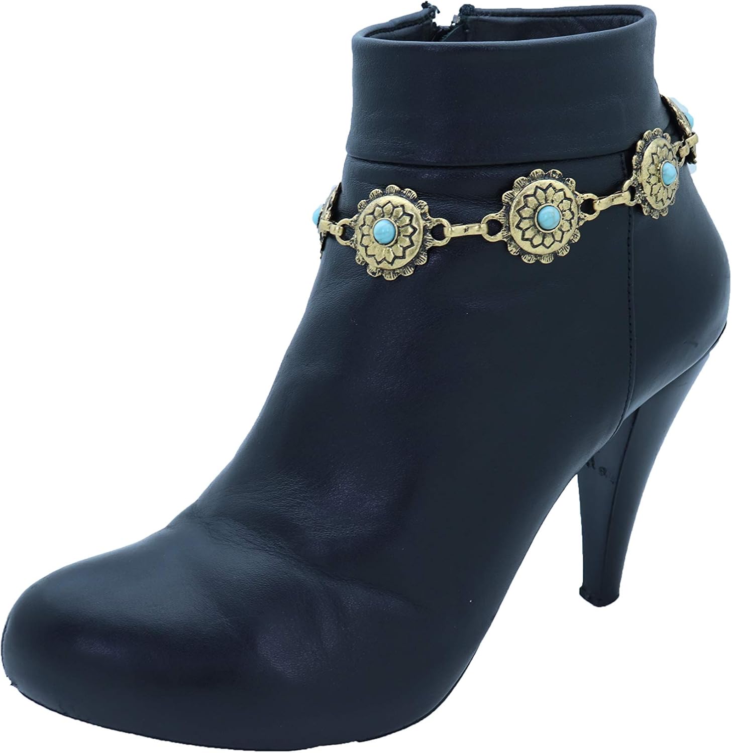 Skiennix Antique Metal Boot Chain Anklet - Western Fashion Jewelry with Turquoise Blue Beads
