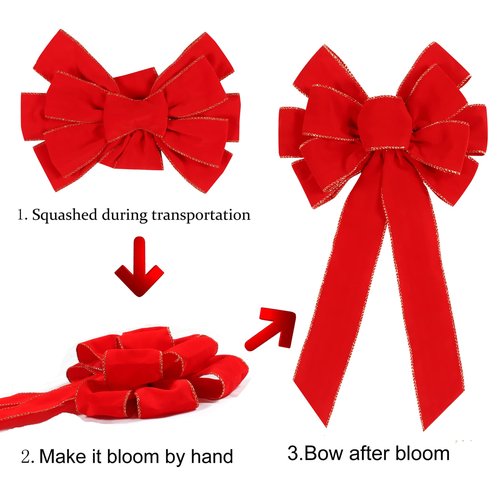 Yuubin 6 Pcs Red Christmas Bows Outdoor Decorations,12”x20” Large Velvet Wreath Bow with Glitter String Gold Edge for Xmas Tree Topper Home Front Door Decor