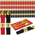 100 Packs Pre-Rolled Black Red Gold Plastic Silverware Sets - Disposable Wrapped Plastic Cutlery Set with 100 Napkins, 100 Knives, 100 Forks and 100 Spoons for Wedding Birthday Party Dinner