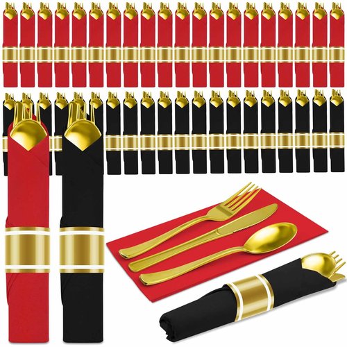 100 Packs Pre-Rolled Black Red Gold Plastic Silverware Sets - Disposable Wrapped Plastic Cutlery Set with 100 Napkins, 100 Knives, 100 Forks and 100 Spoons for Wedding Birthday Party Dinner