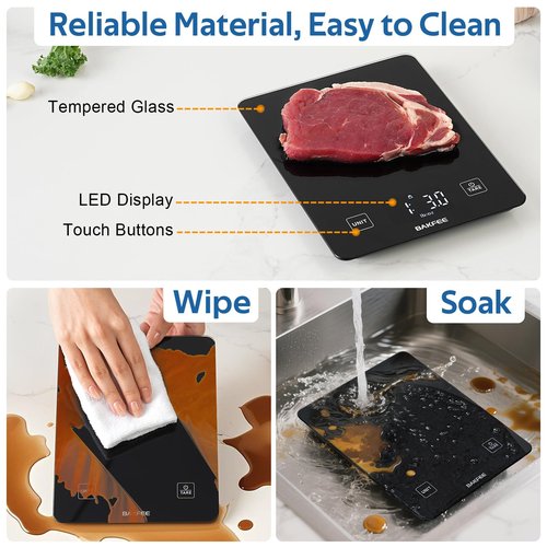 BAKFEE IP67 Waterproof Food Scale with Tempered Glass Surface, 22lb Kitchen Scale 1g Precision, USB Rechargeable, LED Display, Grams and Ounces, for Baking, Cooking, Making Sourdough Bread. Black