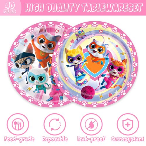 40PCS Super Kitties Party Supplies,Party Tableware Set for 20 Guests，theme Birthday Decorations ，Used for Kittys Birthday Party Supplies