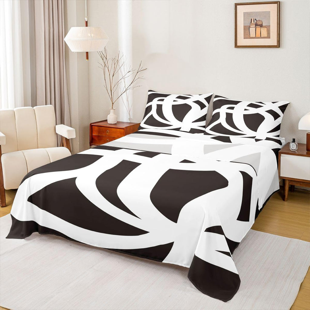 jejeloiu White and Black Bed Sheets Set Queen Size Geometric Sheet Set for Kids Stripe Line Sheets with Deep Pocket Fitted Sheet Women Men Teens Ultra Soft Abstract Modern ArtBedding
