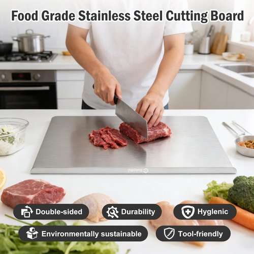Stainless Steel Cutting Board with Lip, Large Metal Chopping Board with Counter Edge, Dishwasher Safe Non-Slip Pastry Board for Meat Vegetables & Baking(18x14)
