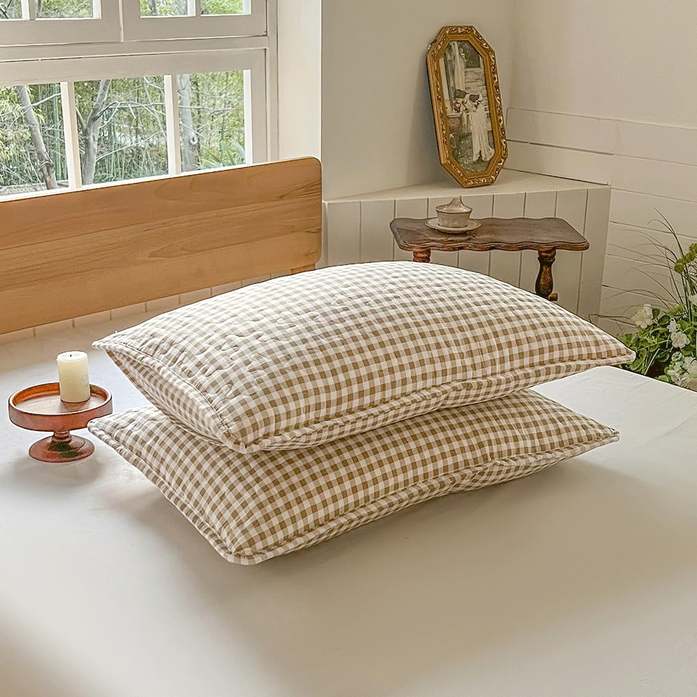 Tan Gingham Queen Quilt Set, Soft Pre-washed Microfiber Taupe Plaid Queen Bedspread, Lightweight Checked Summer Quilt, Grid Bedding Coverlets for All Seasons (Includes 1 Quilt, 2 Pillow Shams)