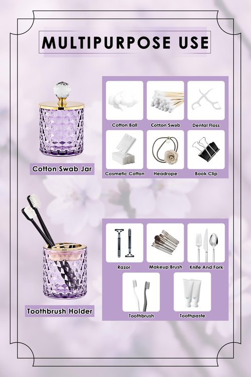 Purple Bathroom Accessories, 4Pcs Purple Bathroom Accessory Set Complete, Toothbrush Holder Set, Soap Dispenser, Qtip Holder, Tumbler, Perfect for Bathroom Decor and Vanity