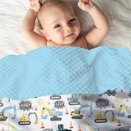 EyMzcod Mink Baby Boy Blankets Blue Yellow Construction Vehicle, A Little Dirt Never Hurt Double Layer Dotted Backing Receiving Swaddle, Newborn Infant Toddler Nursery Crib Bedding Shower Gift 30 x 40