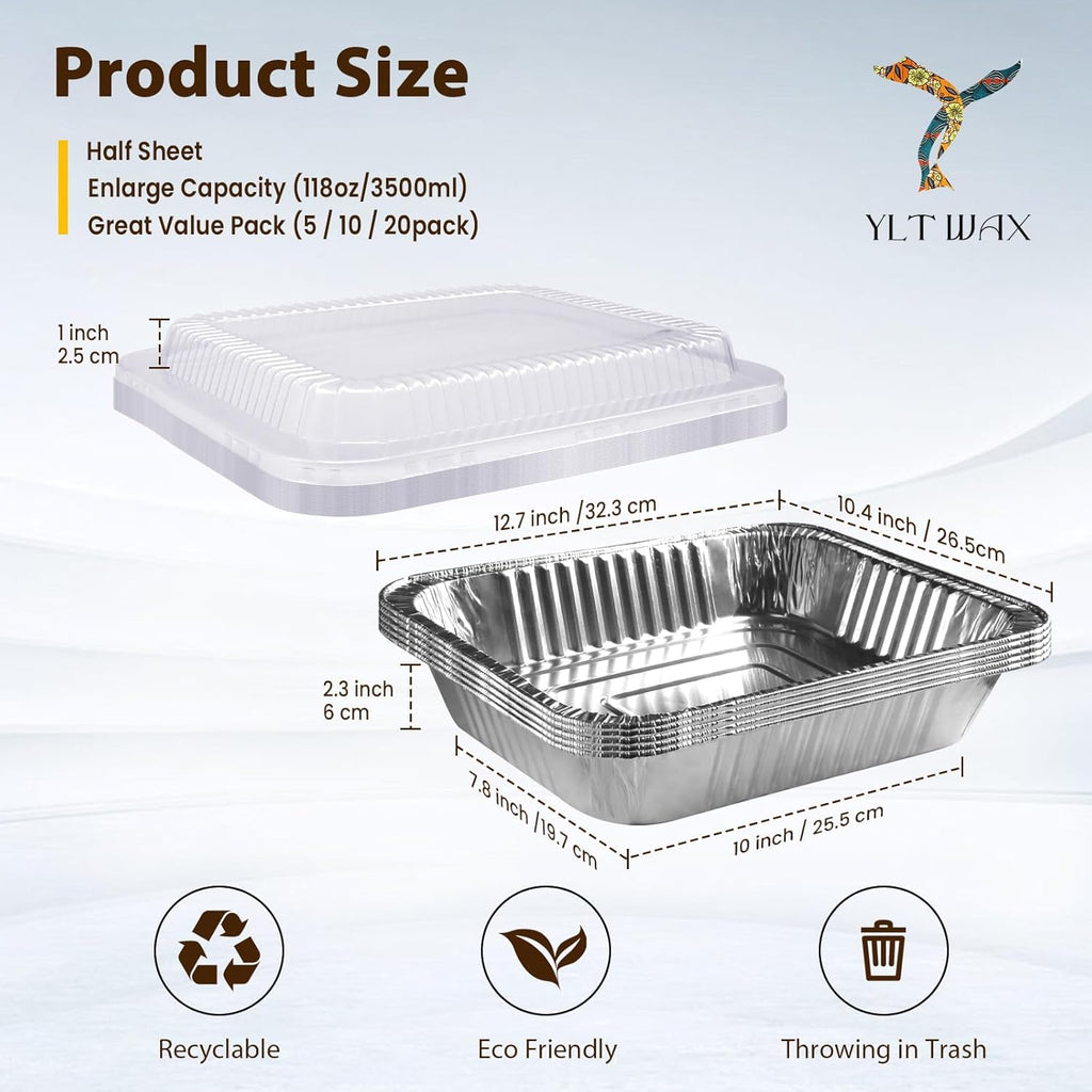 YLT WAX 9x13 Aluminum Pans - 20 Pack Heavy Duty Disposable Foil Containers with Clear Lids for Baking & Cooking
