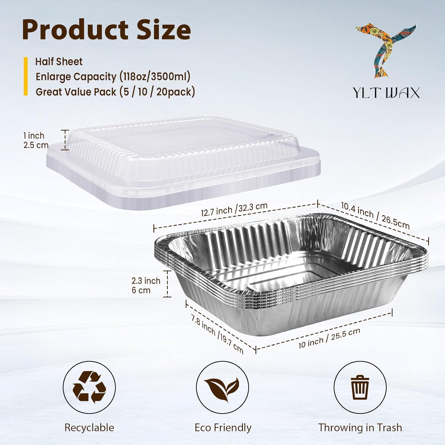 YLT WAX 9x13 Aluminum Pans - 20 Pack Heavy Duty Disposable Foil Containers with Clear Lids for Baking & Cooking